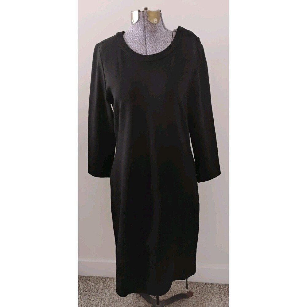 Talbots Black Knit Shift Dress Beaded Button Shoulder Cotton Minimalist Sz 10 EC